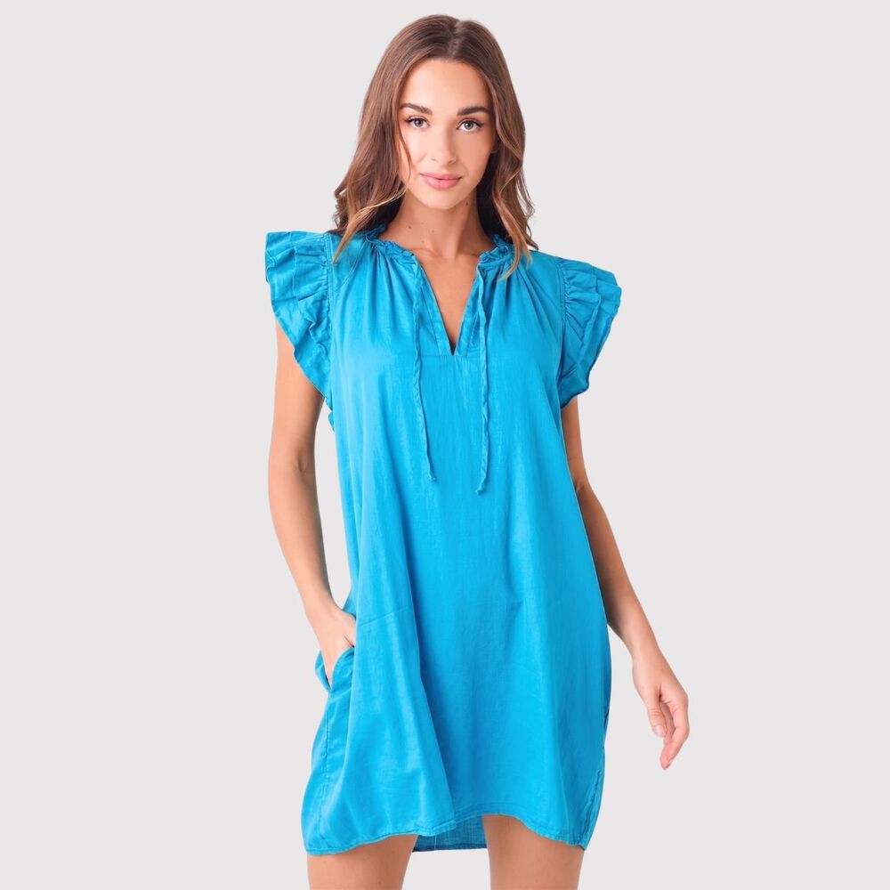 Stark X Mini Dress Blue Dreamy Tunic Flutter Sleeve Shift Split Neck Relaxed XS